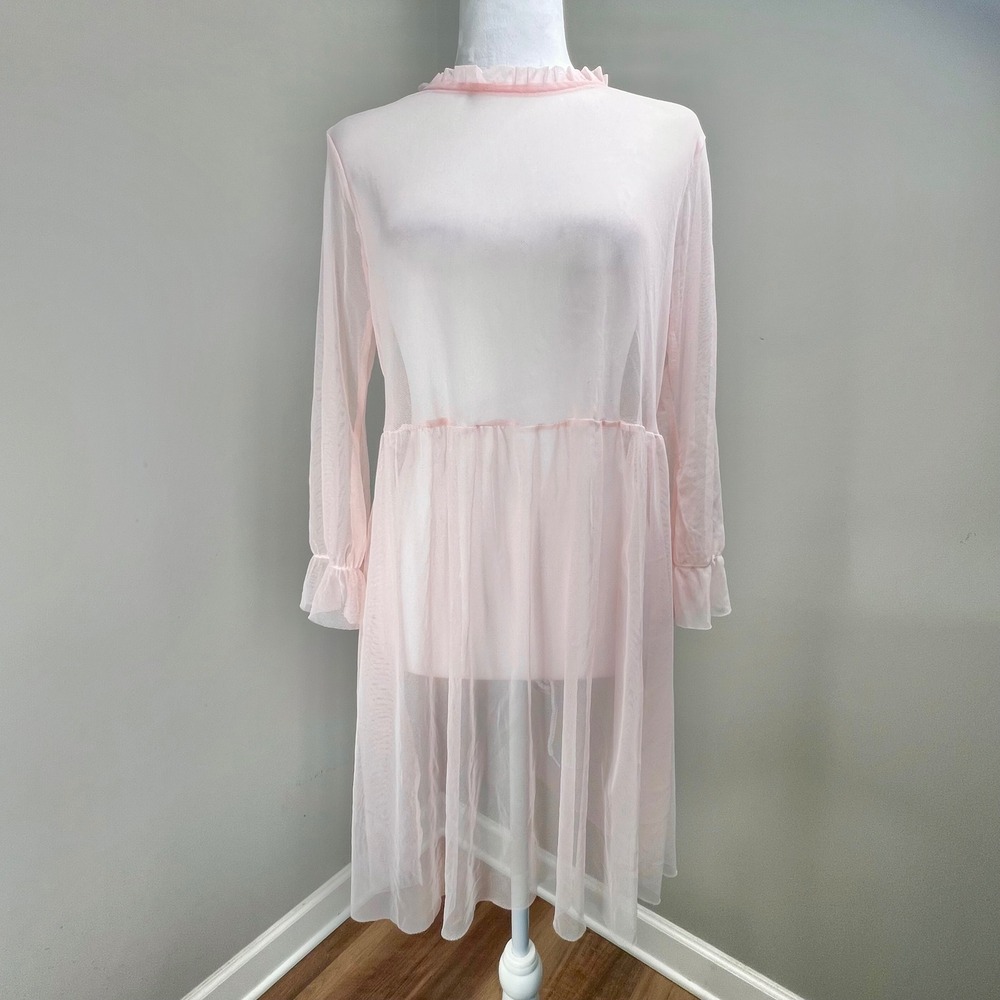 Balletcore Sheer Pink‎ Babydoll Mini Dress Fairycore Mesh Ethereal Layering
